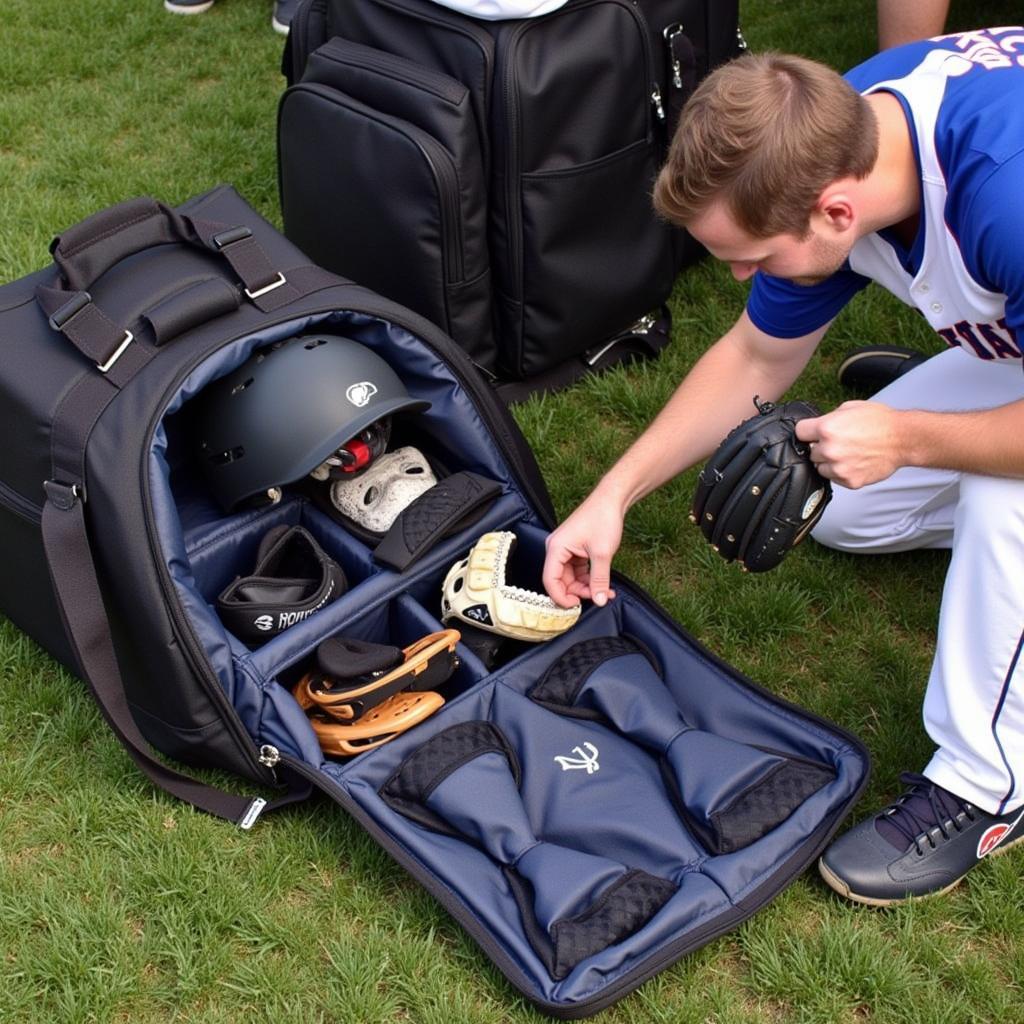 Baseball Catcher Organizing His Bag