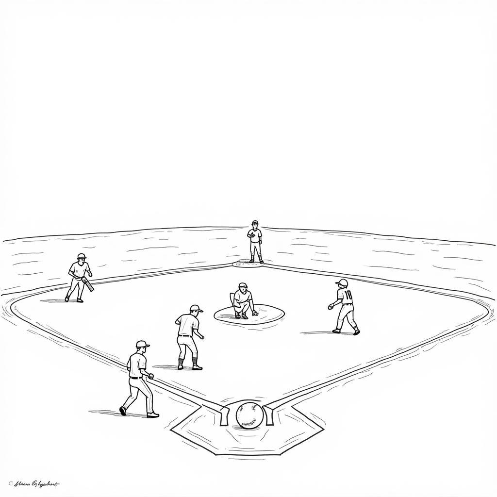 Baseball Field Coloring Page with Players in Action