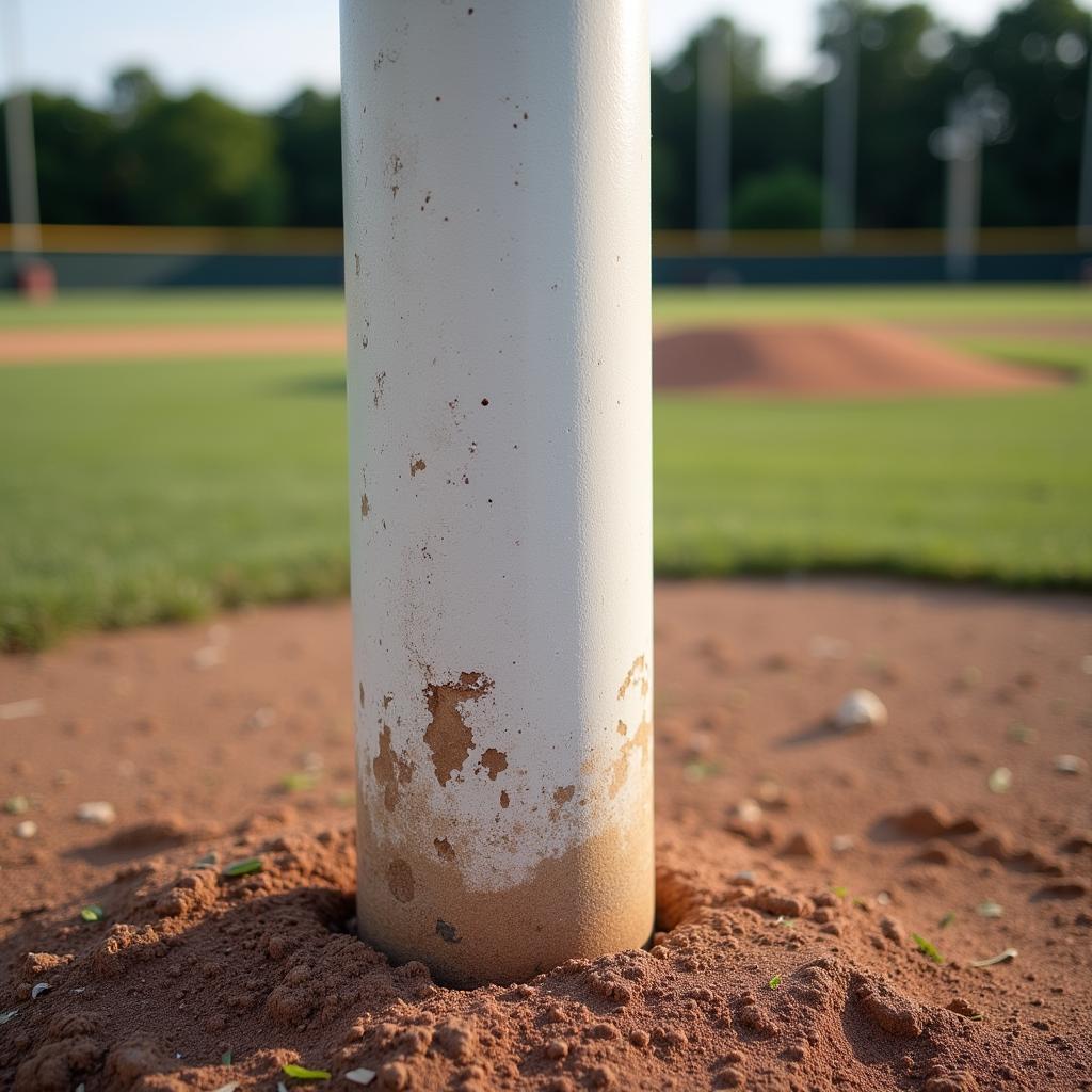 Close-up of a baseball field foul pole showing its construction and markings.