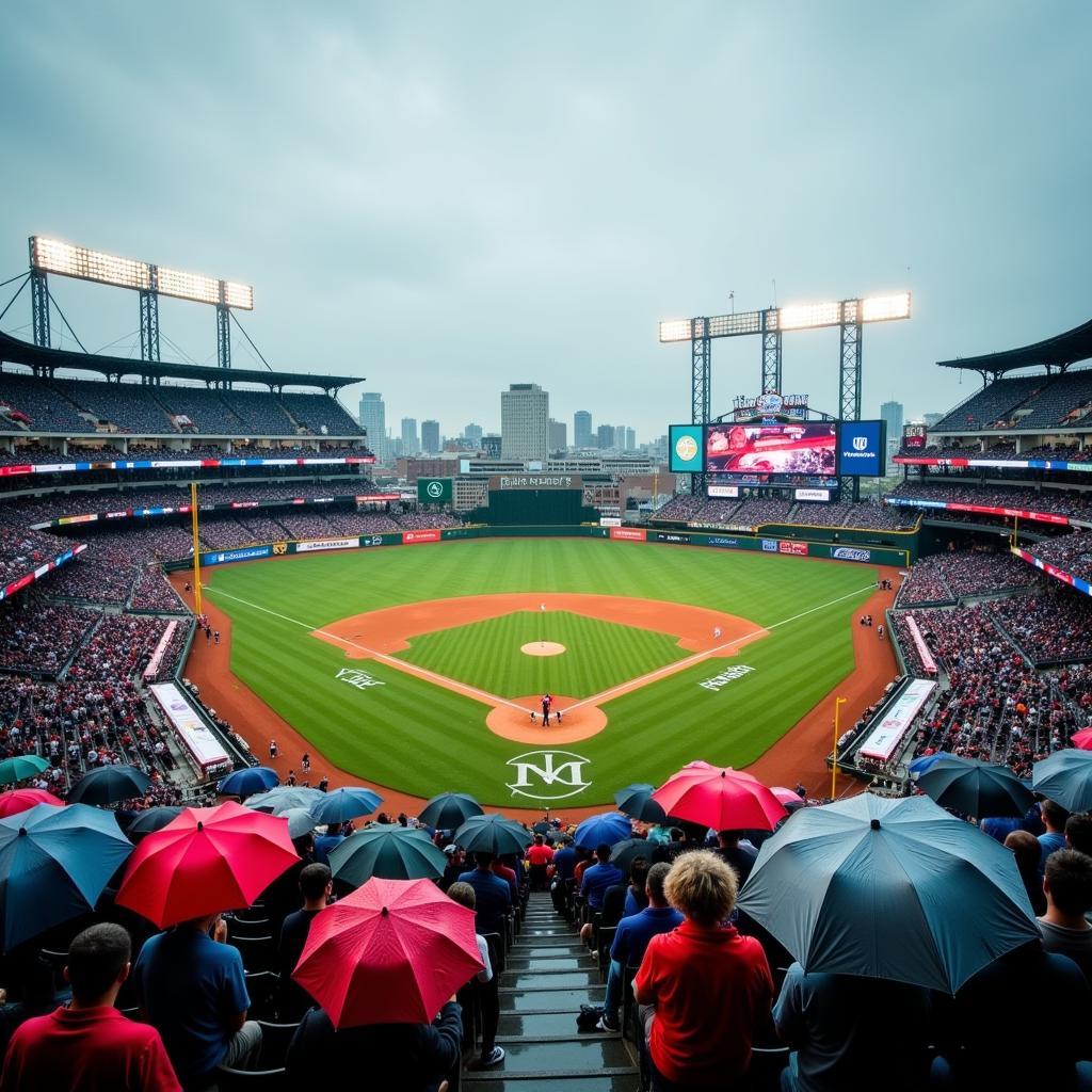 Rainy baseball game with fans using umbrellas