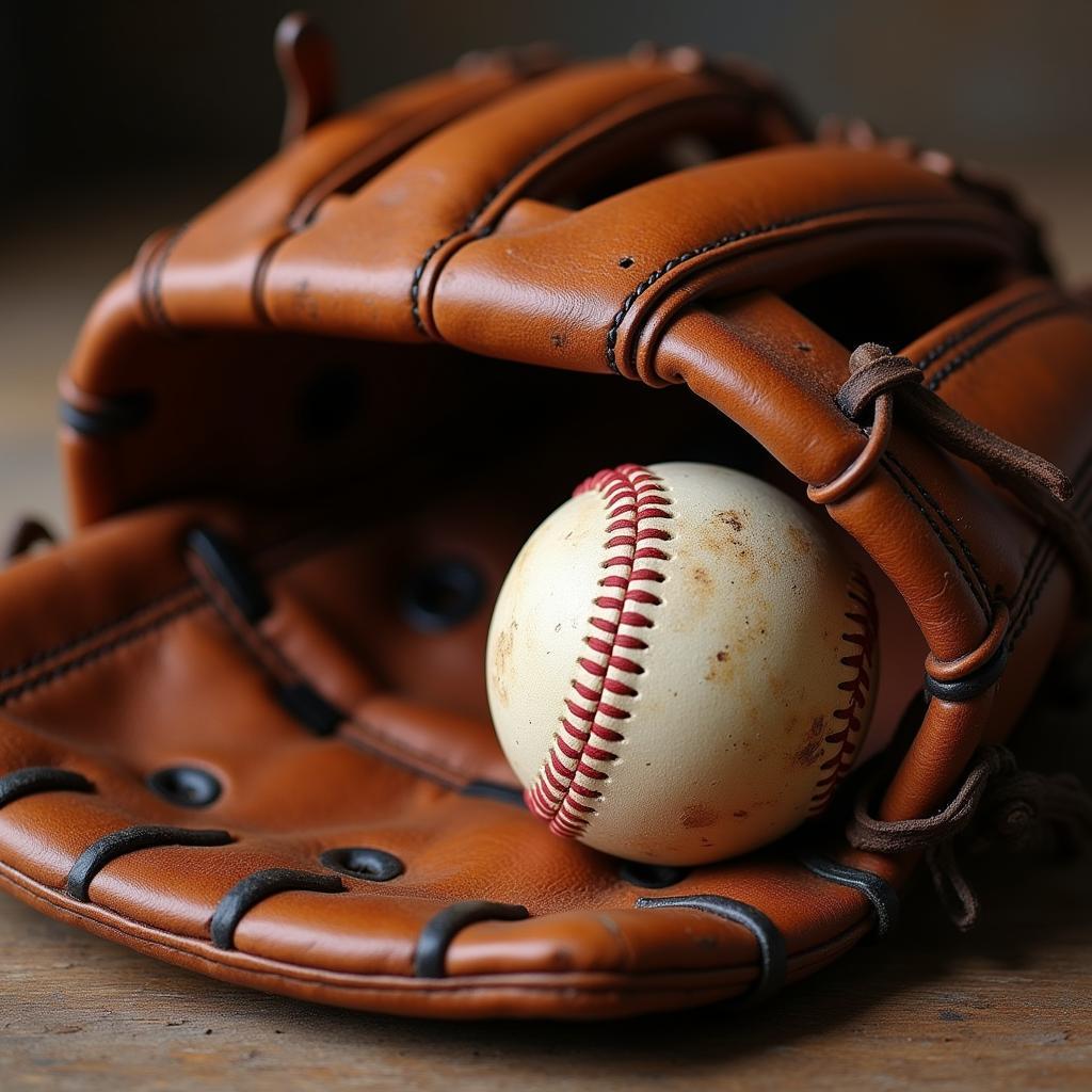 Close-up of a well-worn baseball glove and ball