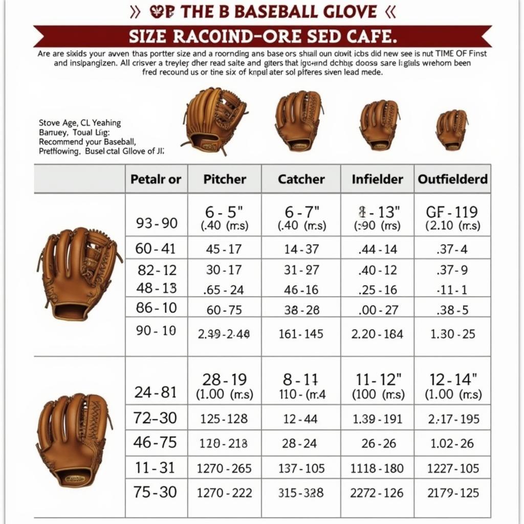 Chart showing baseball glove sizes by position and age