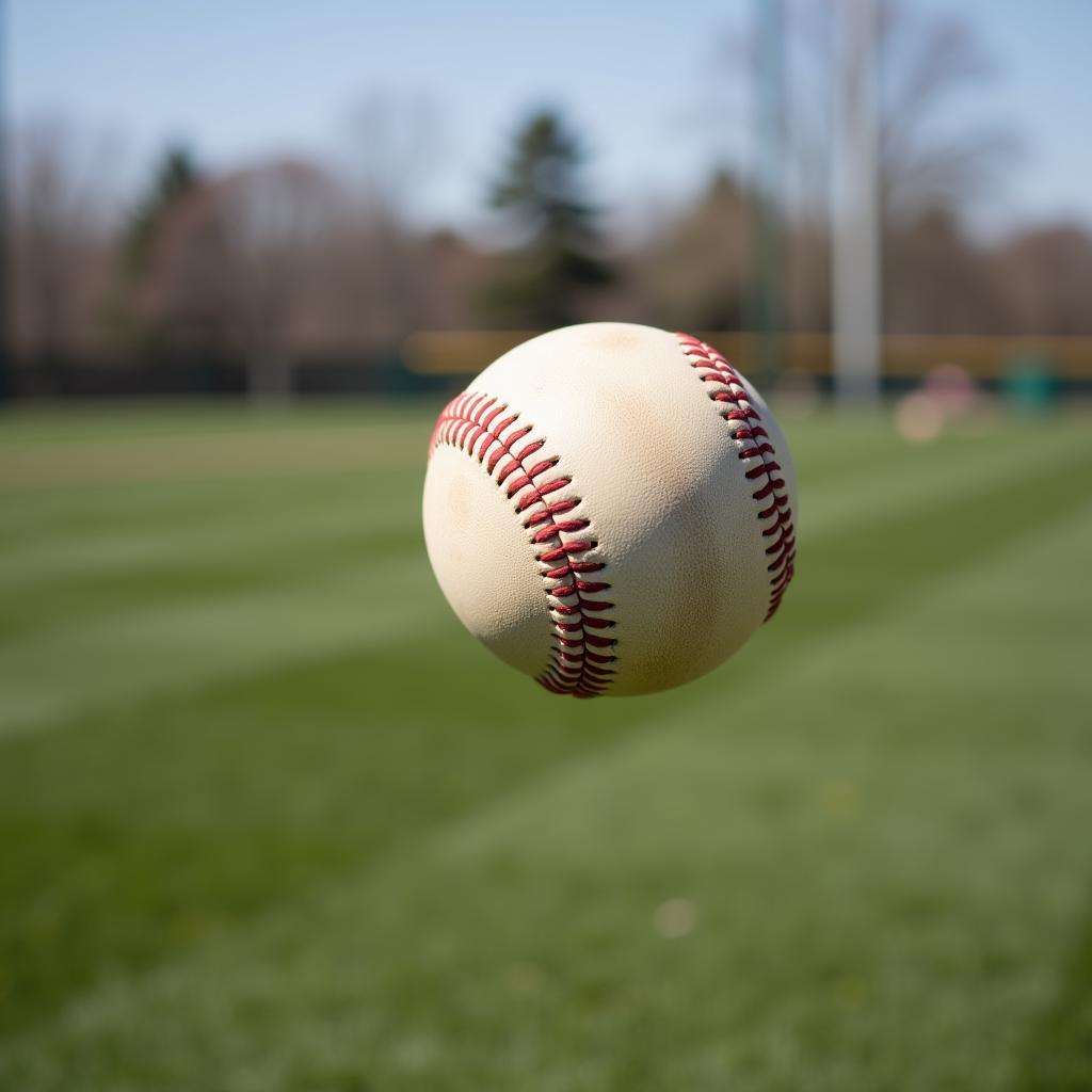 A baseball flying through the air in fair territory just inside the foul pole.