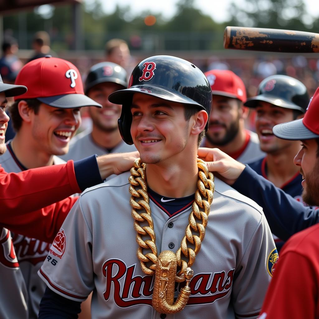 Team celebrating a home run with a custom chain