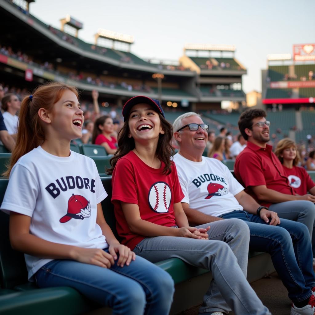 Baseball Humor Shirts for All Ages: A group of people of different ages wearing baseball humor shirts, enjoying a game together.