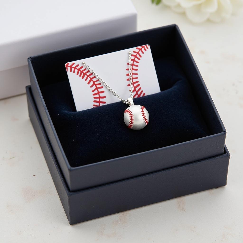 A cool baseball necklace presented in a gift box, ready for giving