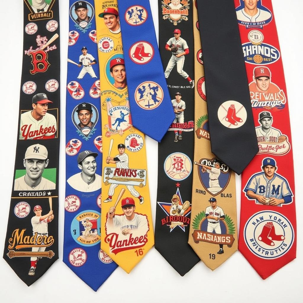 Vintage Baseball Neckties: Examples of Team Logos and Player Motifs