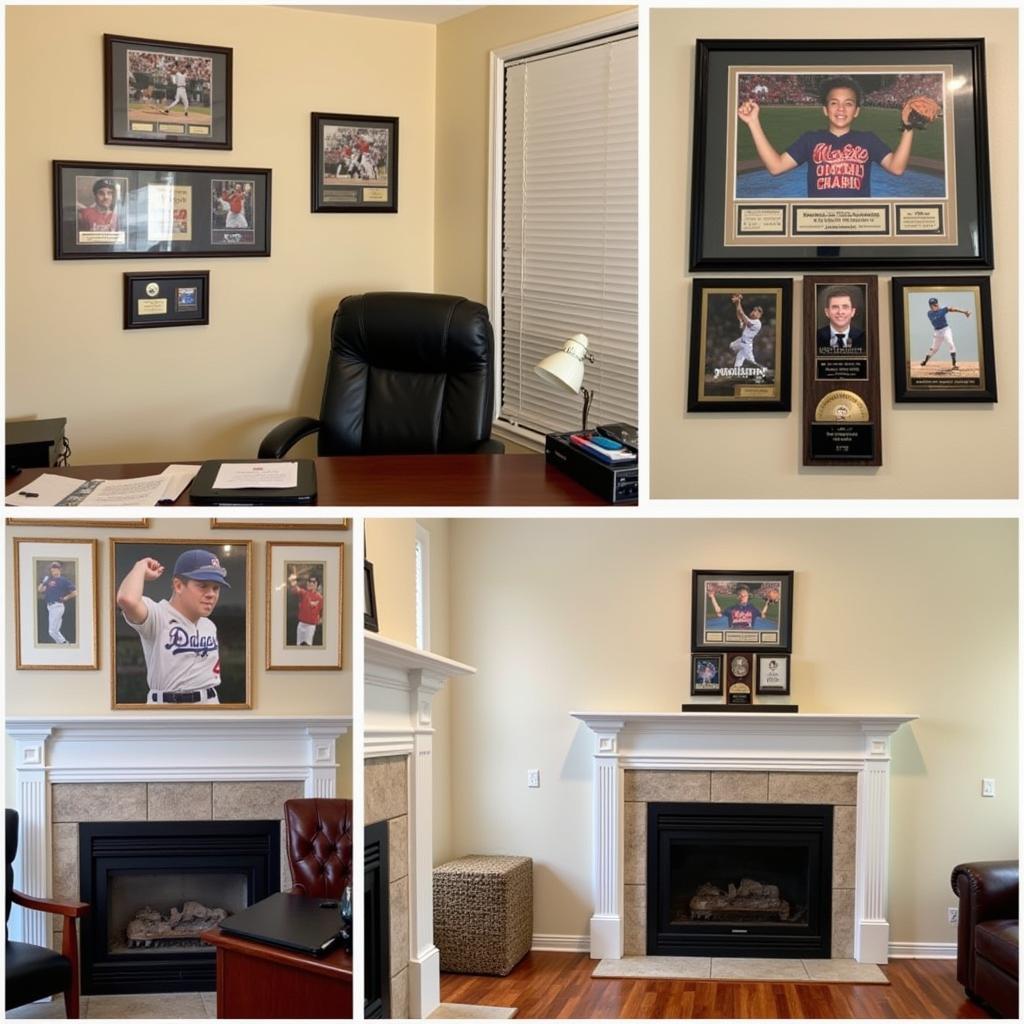 Display ideas for baseball picture plaques in a home office and living room setting.