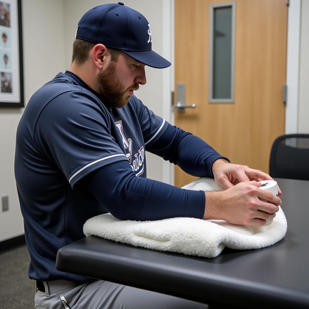 A pitcher applying an ice pack and compression wrap to his shoulder.