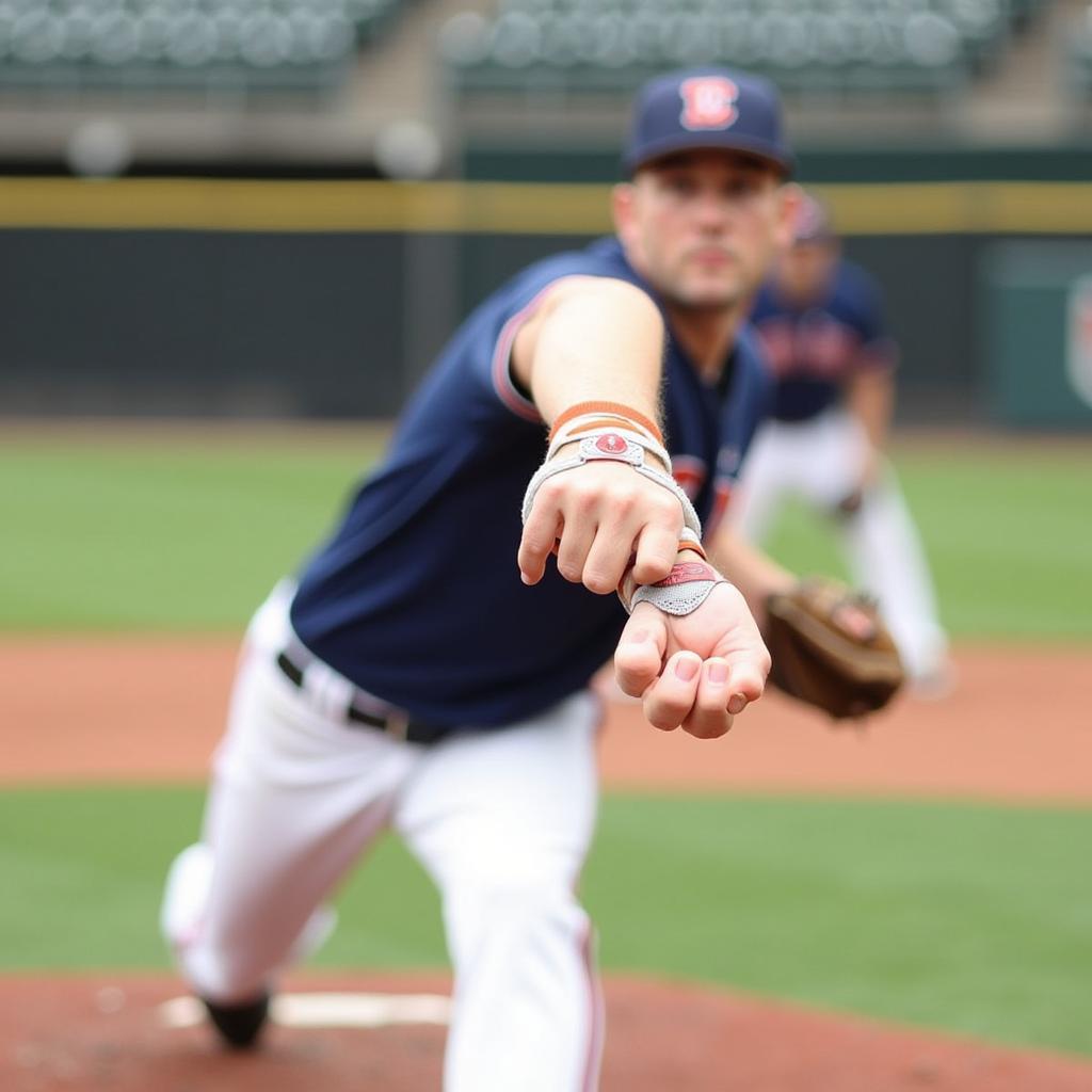 Baseball Pitcher Using a Wristband During a Game