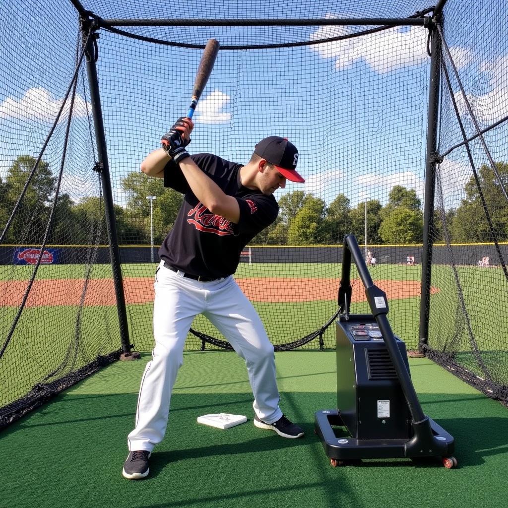 Baseball Player Practicing in Batting Cage