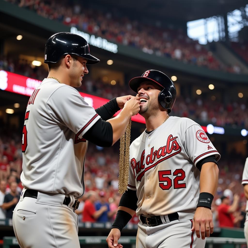 Baseball player receiving the home run chain