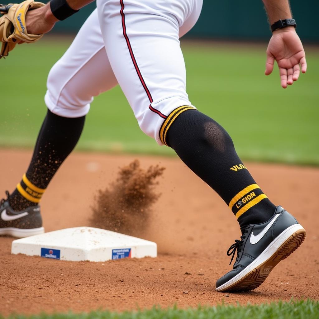 A baseball player sliding into base wearing vegas gold baseball socks, demonstrating their durability and fit.