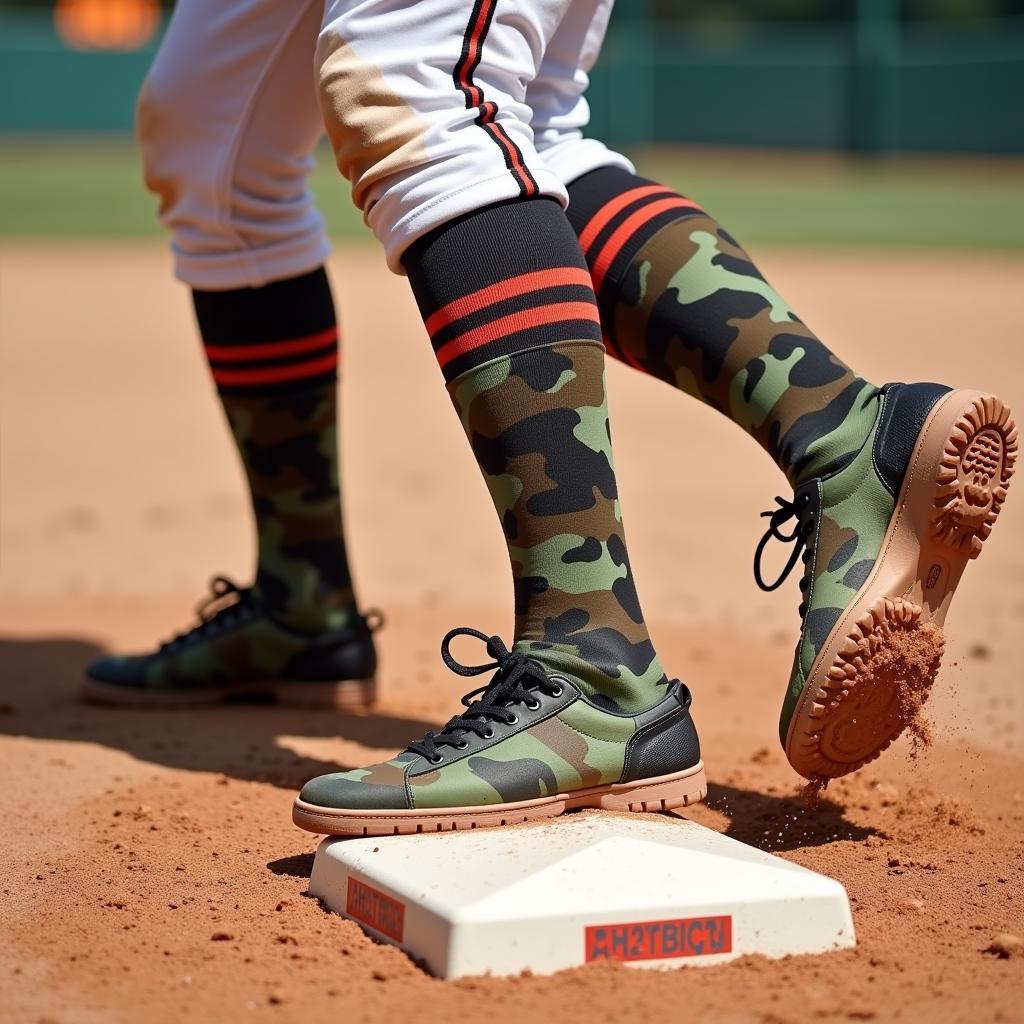 Baseball player sliding into base wearing camo socks