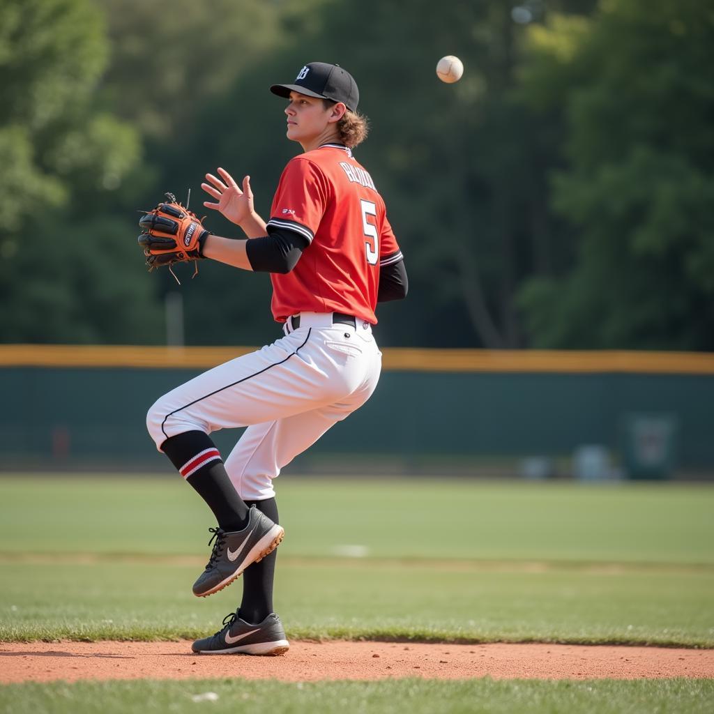 Baseball Player Wearing a Black and Orange Glove