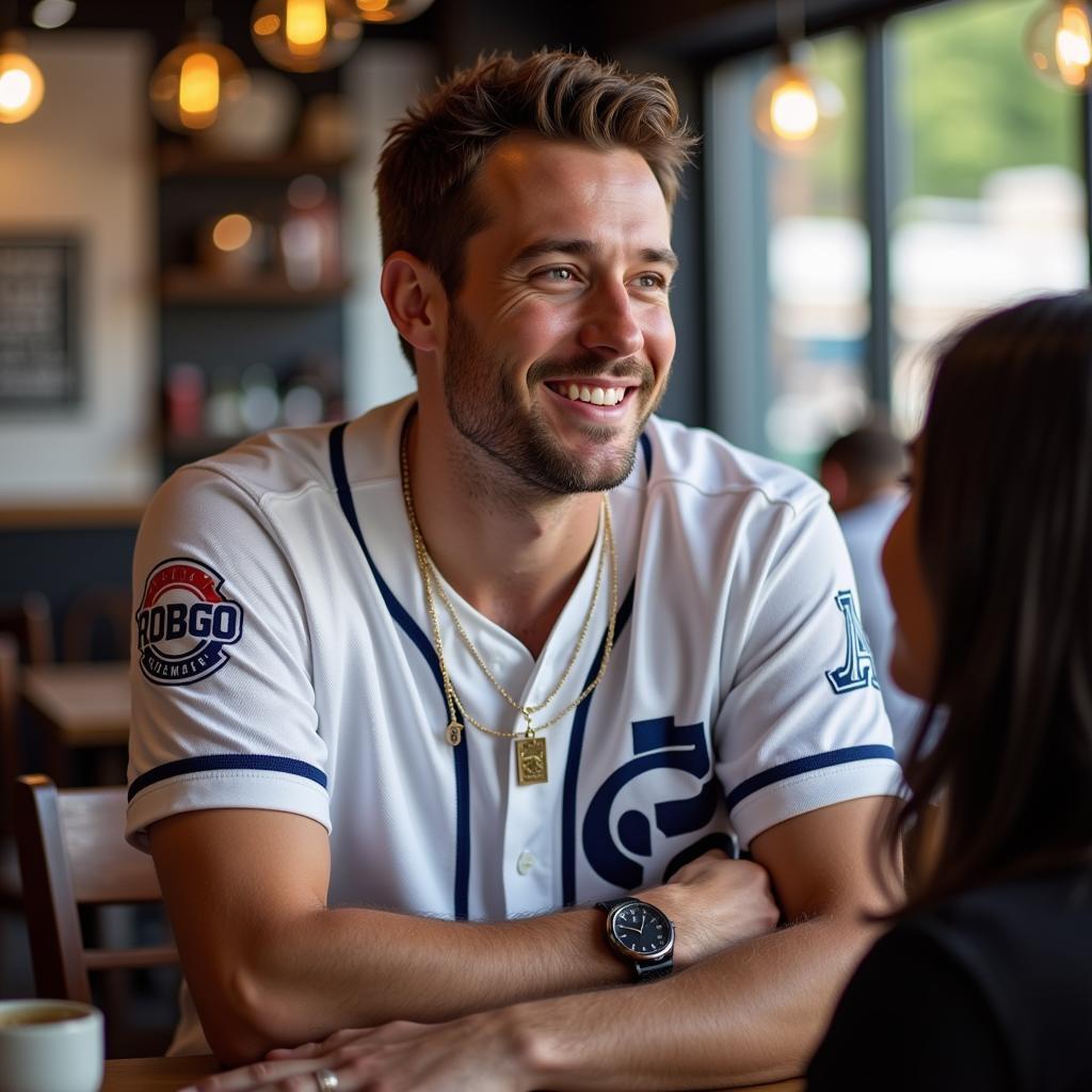 A baseball player casually wearing his jersey number necklace off the field