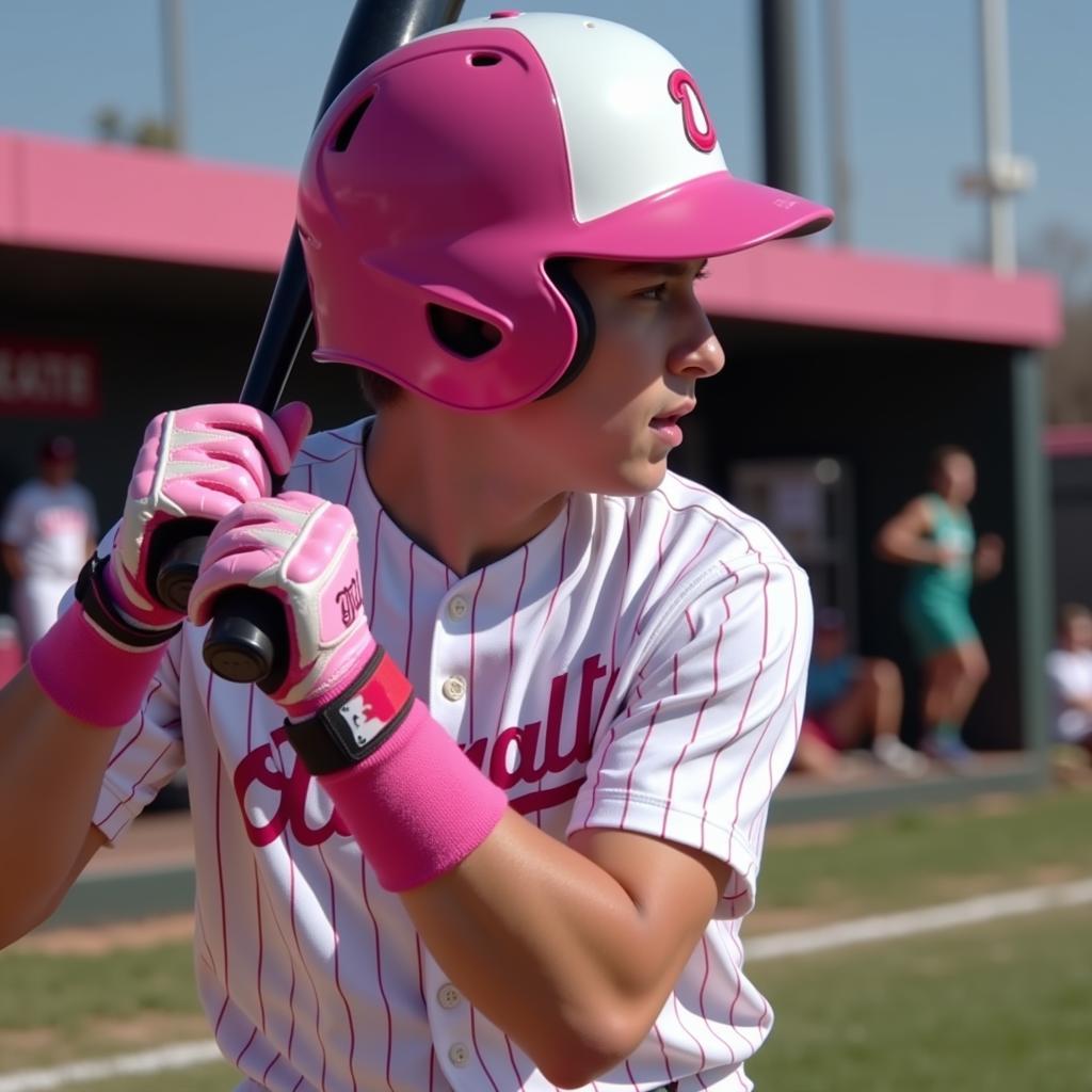 Baseball player wearing pink batting gloves during a game