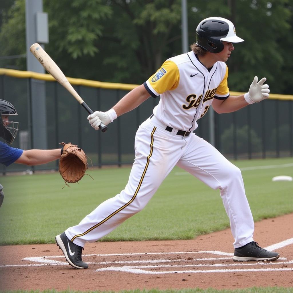 A baseball player at bat wearing white and gold batting gloves demonstrating proper grip and stance