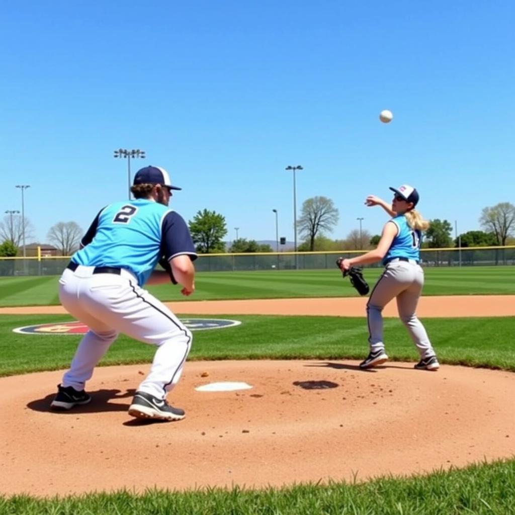 Two baseball players practicing catch on a sunny field