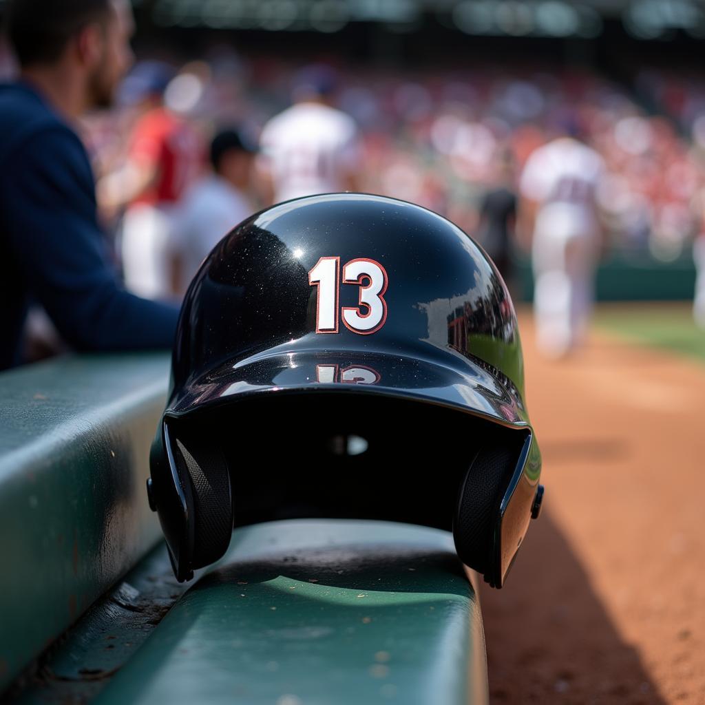 A batting helmet sits in the dugout with its number facing the camera.