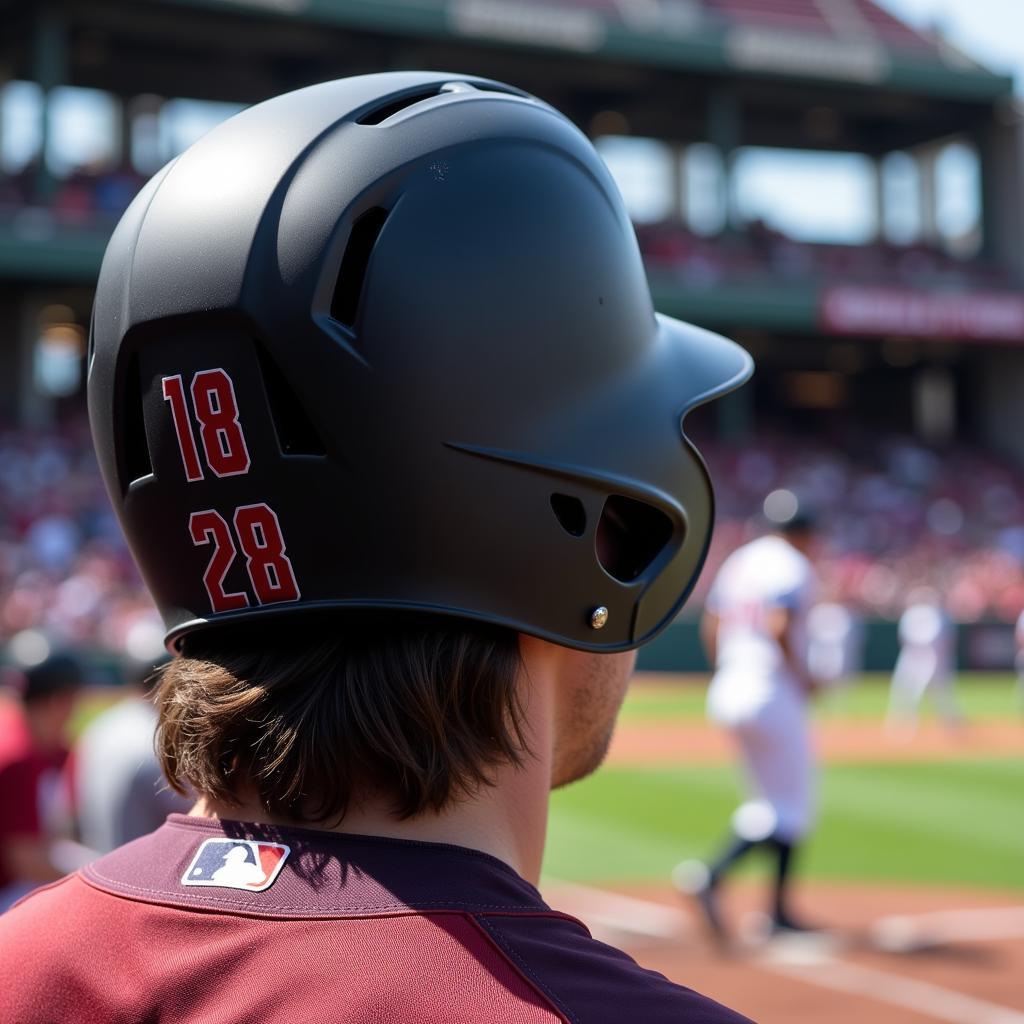 Close up of batting helmet numbers on a baseball field