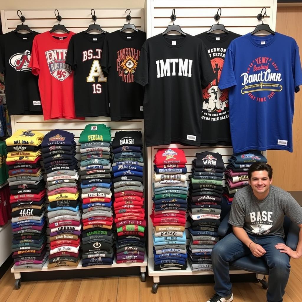 A collection of Battle of the Bay t-shirts, displayed on a table.