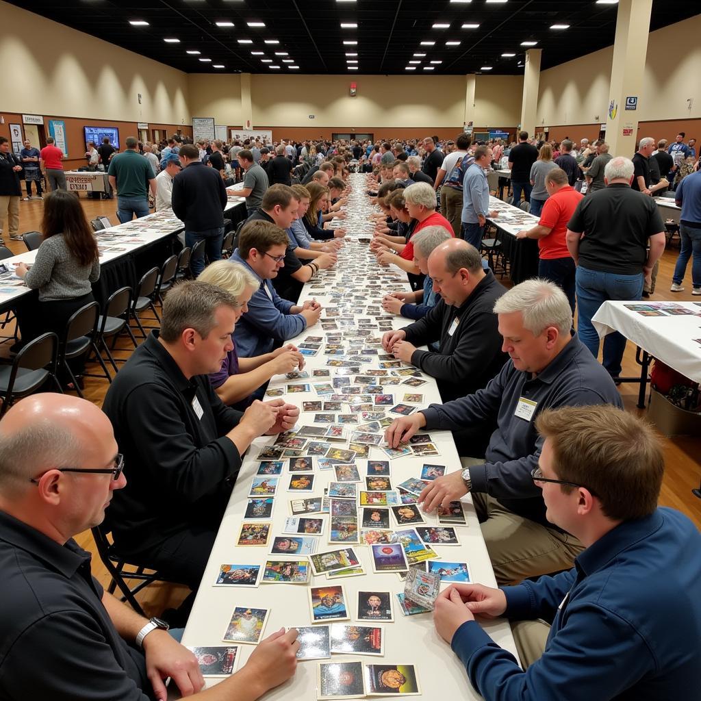 Trading cards at a bustling Bay Area card show