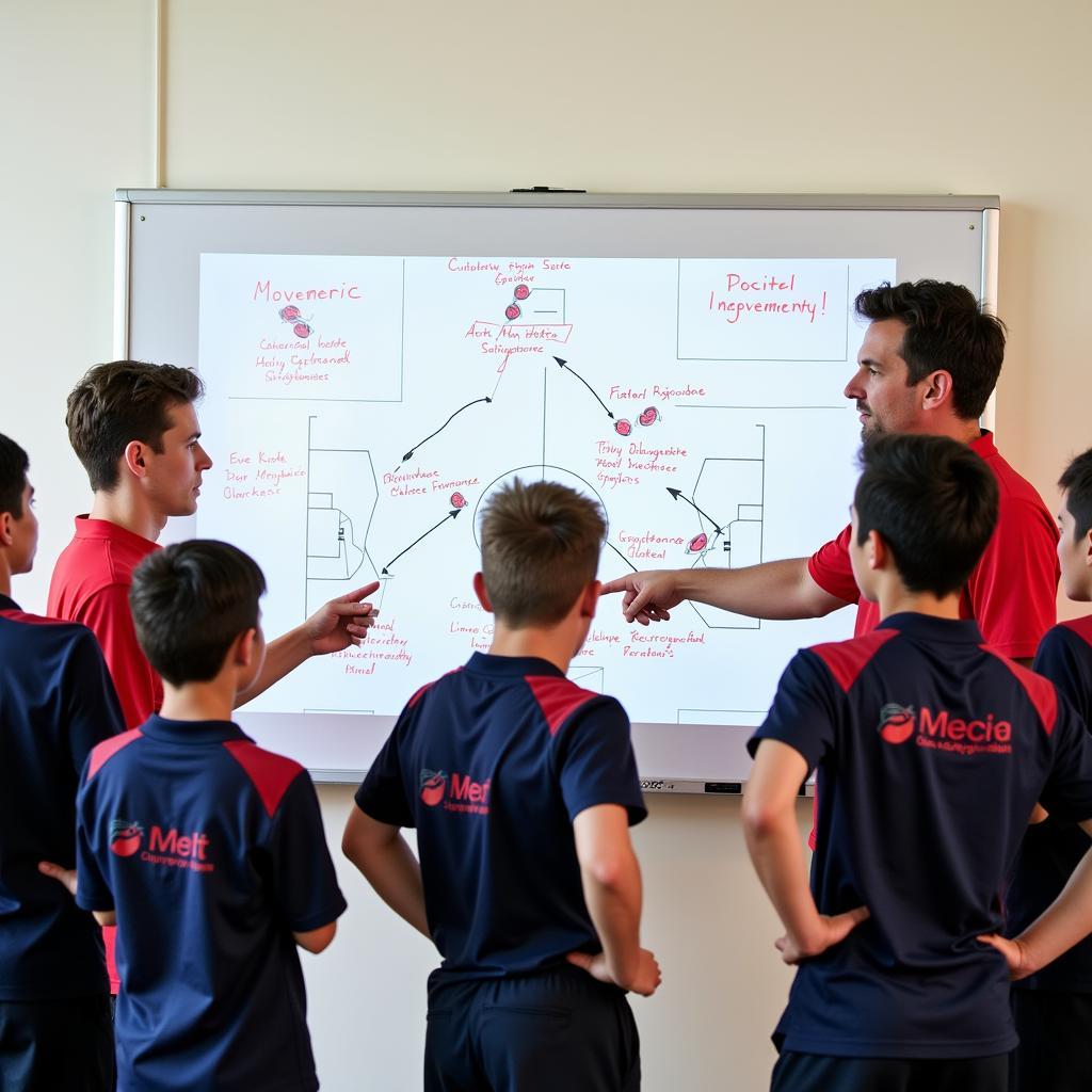 Bayfl Football Tactical Analysis: A coach explaining tactical concepts to a group of players using a whiteboard.