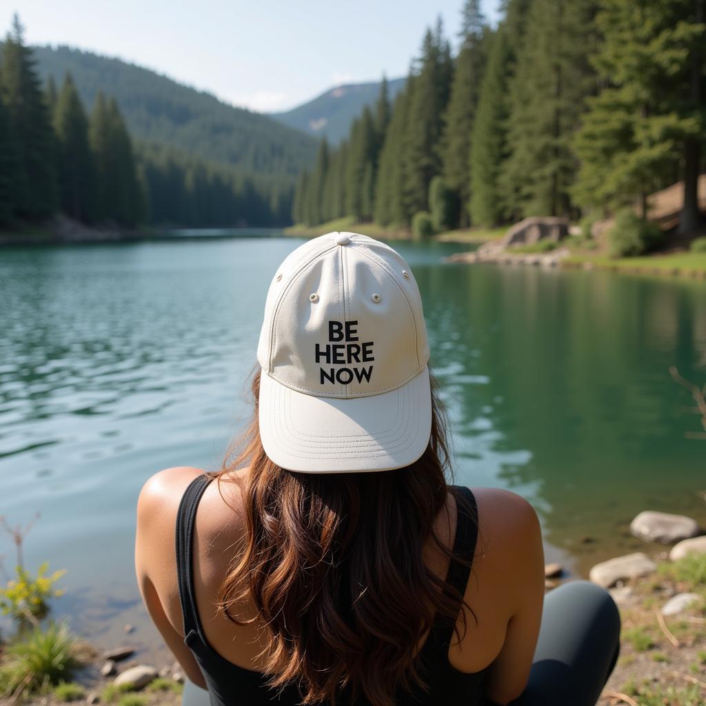 A person wearing a "Be Here Now" hat while enjoying a peaceful moment in nature.