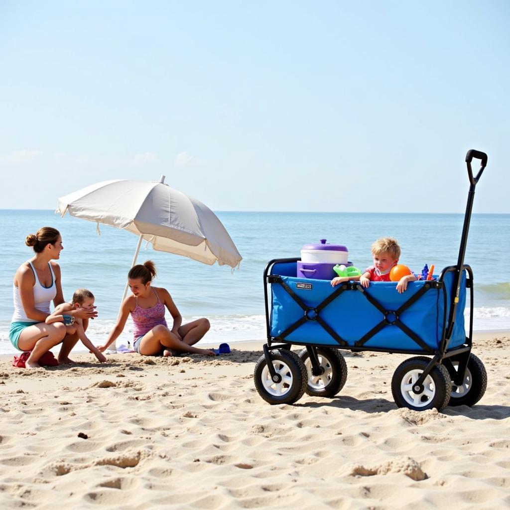 Family Using a Beach Wagon with Inflatable Wheels