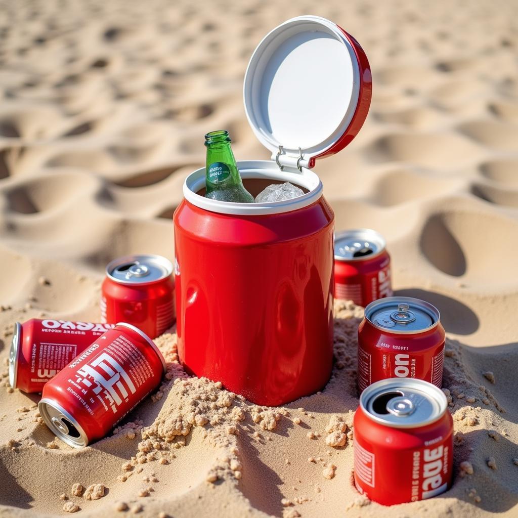 Beer can shaped cooler on the beach