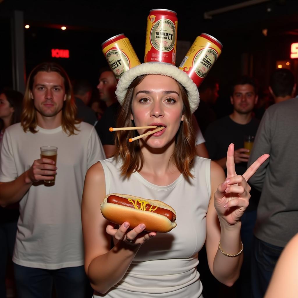 Person wearing a beer hat at a party