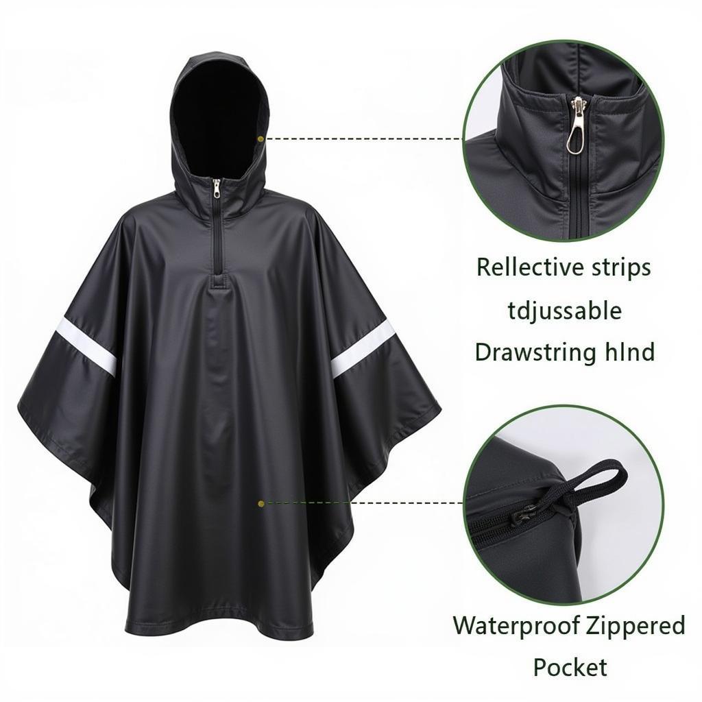 Close-up of a bicycle poncho rain showing key features like reflective strips, adjustable hood, and waterproof zipper.