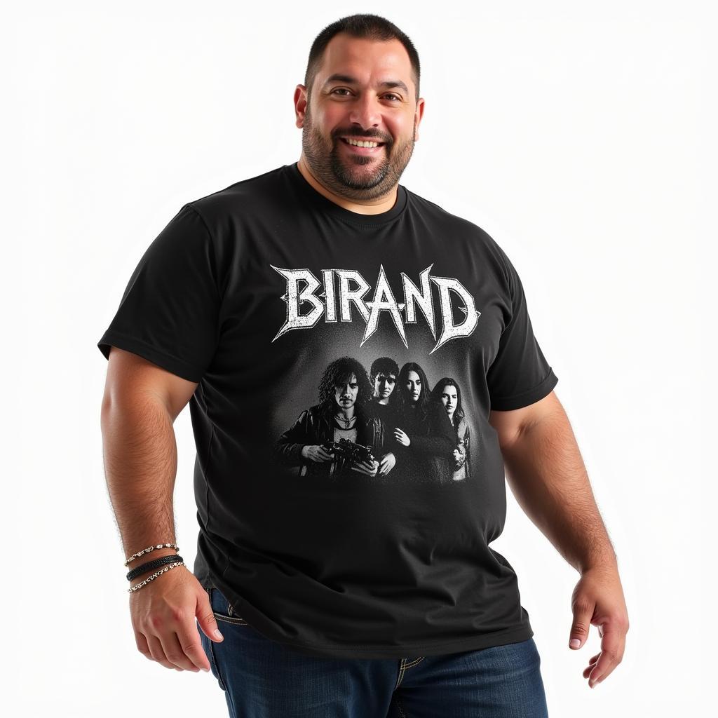 A man wearing a perfectly fitted big and tall band t-shirt.