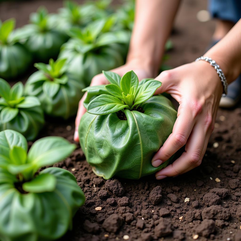 Big Dog Leaf Wraps Protecting Seedlings in a Garden