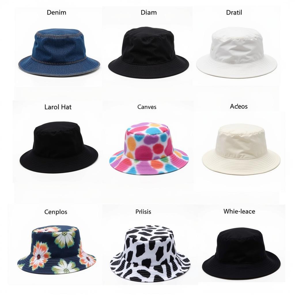 Different styles of big head bucket hats showing various materials, colors, and brim sizes.