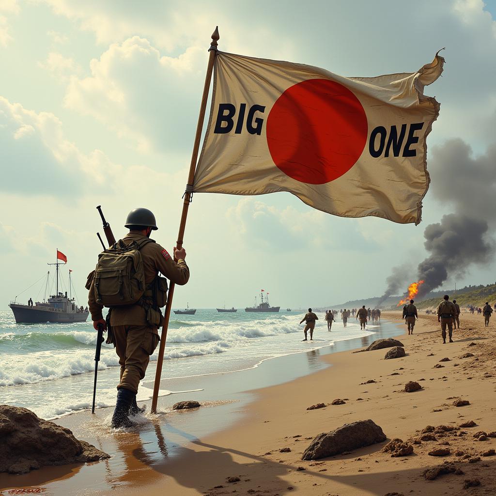 Big Red One Flag on Omaha Beach during D-Day