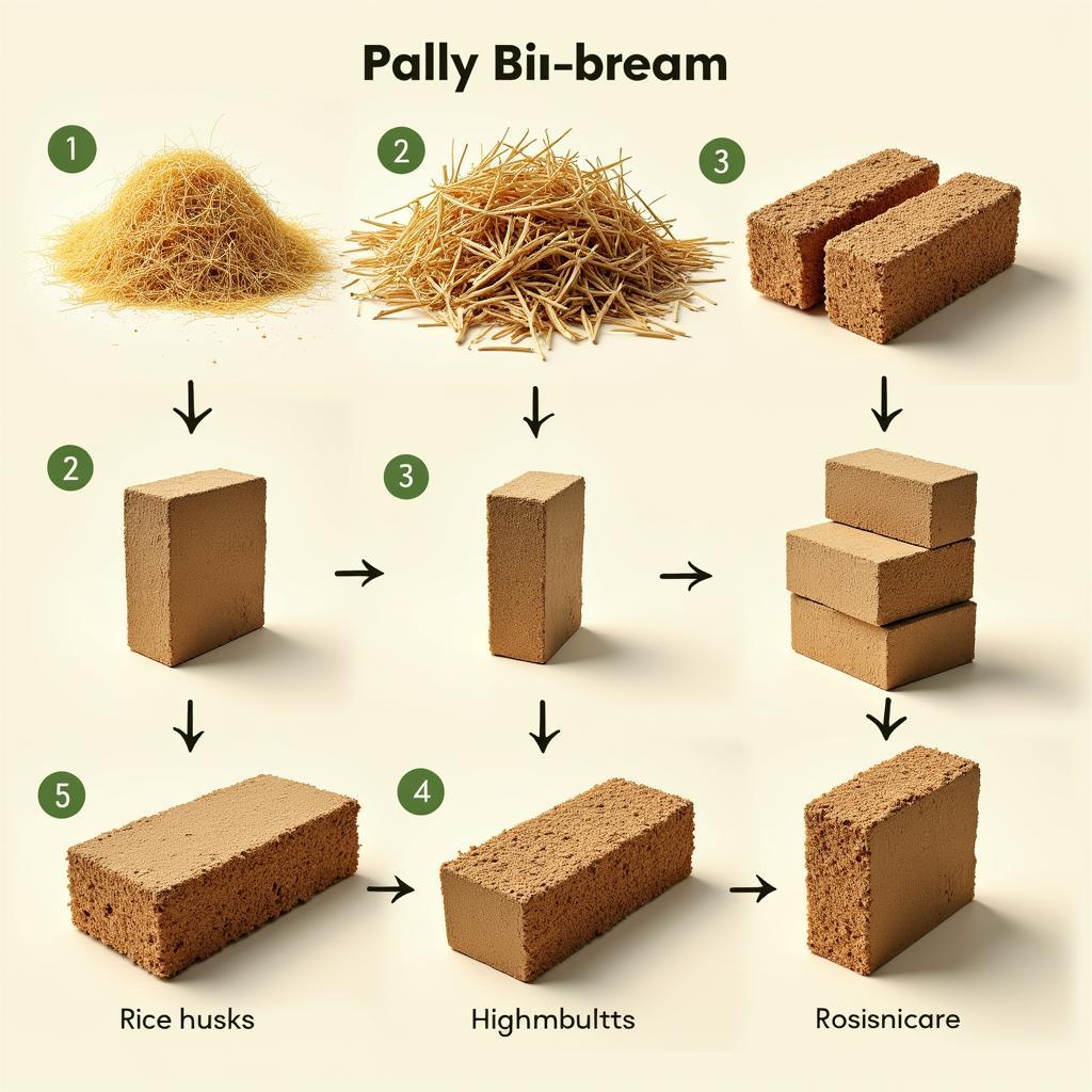 Bio Brick Manufacturing Process: A step-by-step illustration of the bio brick creation process from agricultural waste to finished product.