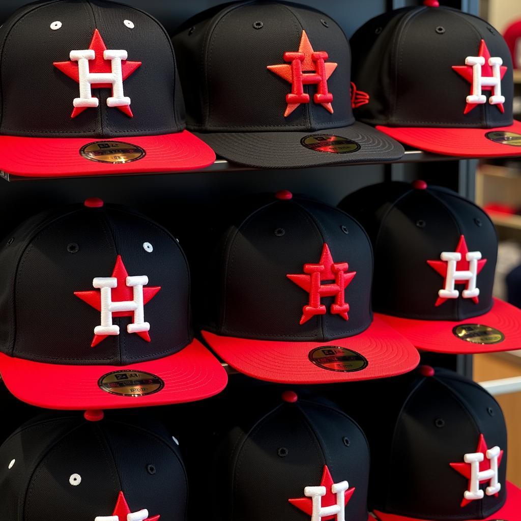 Display of Black and Red Astros Hats in Different Styles