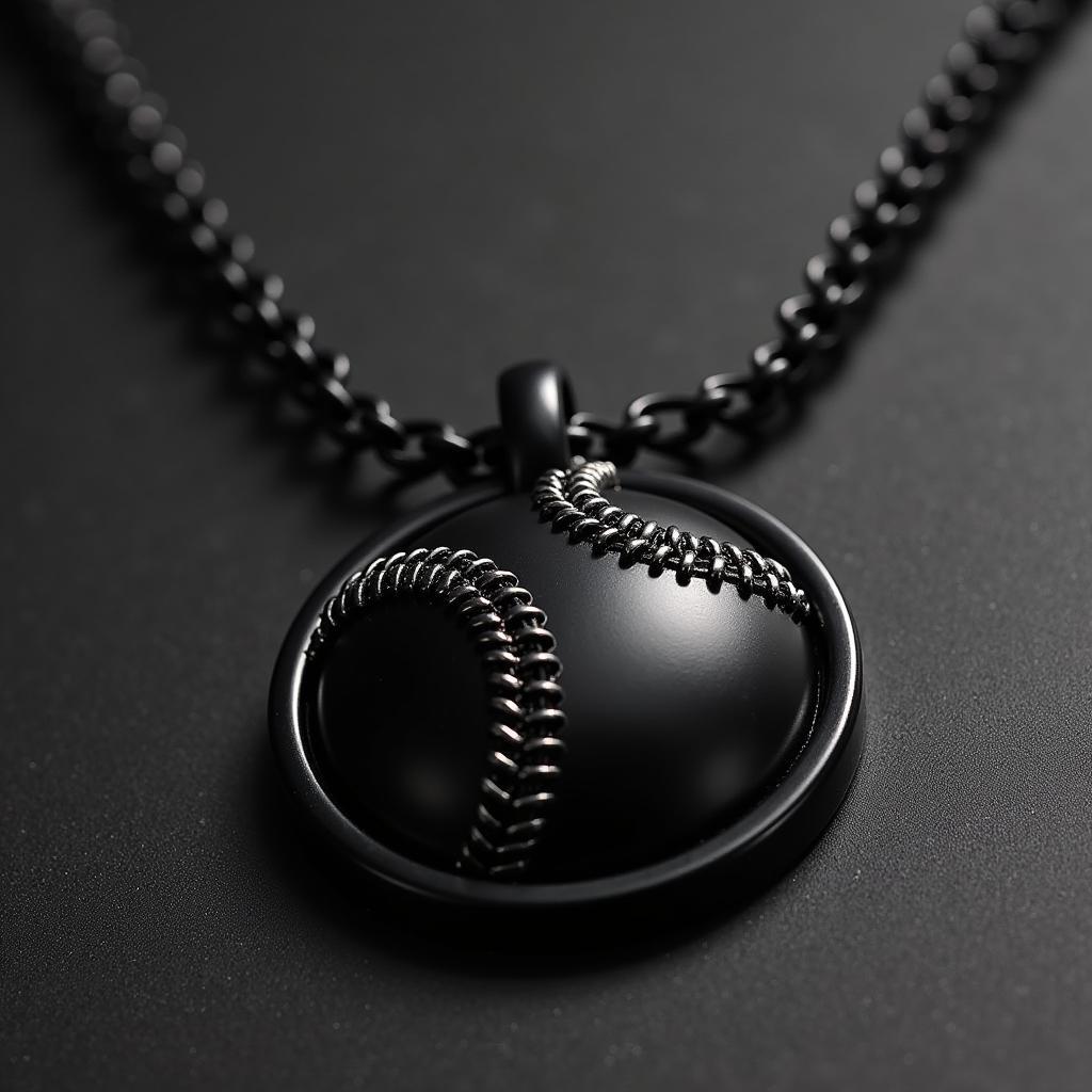 Close-up of a black baseball necklace showcasing its intricate details.