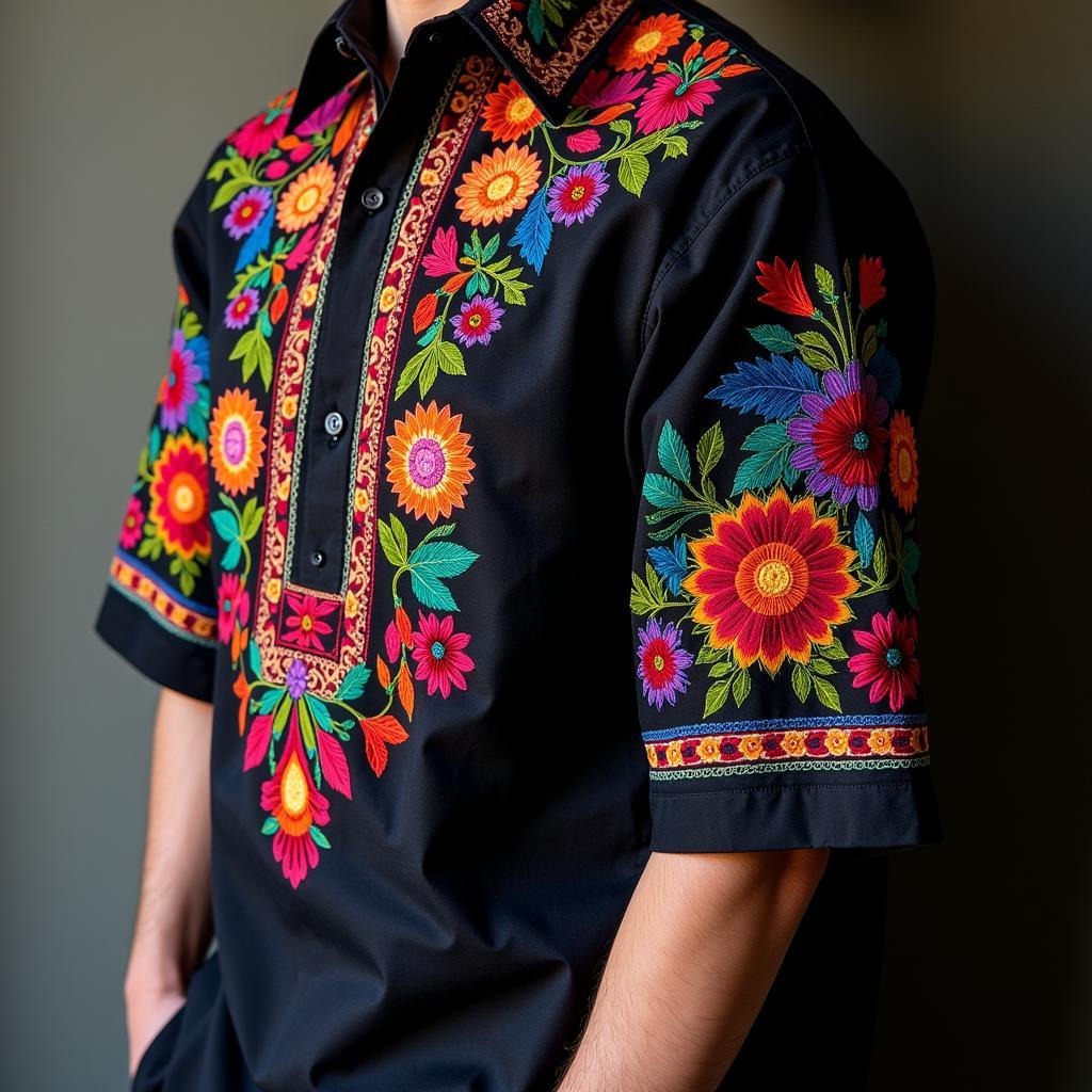 Traditional Black Mexican Shirt with Embroidery