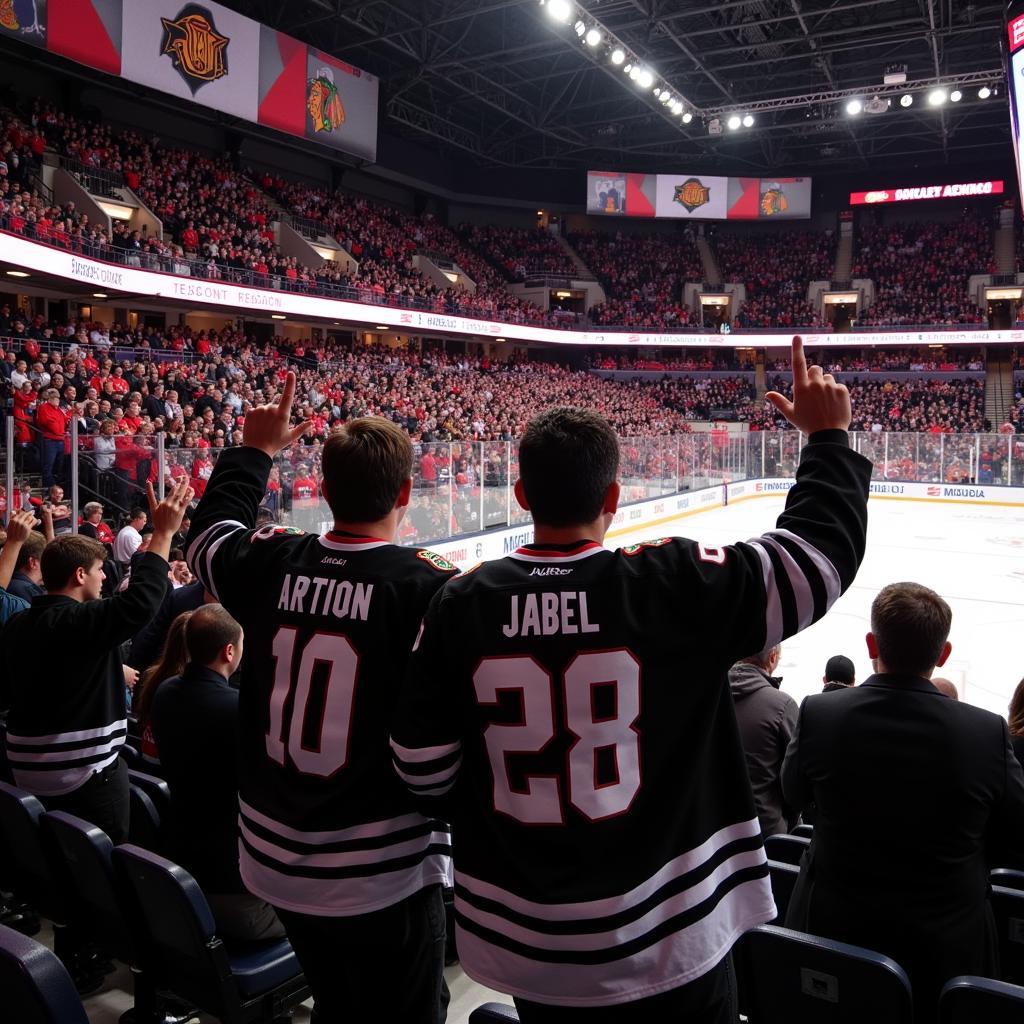 Crowd of Chicago Blackhawks fans wearing black and white jerseys in the stadium