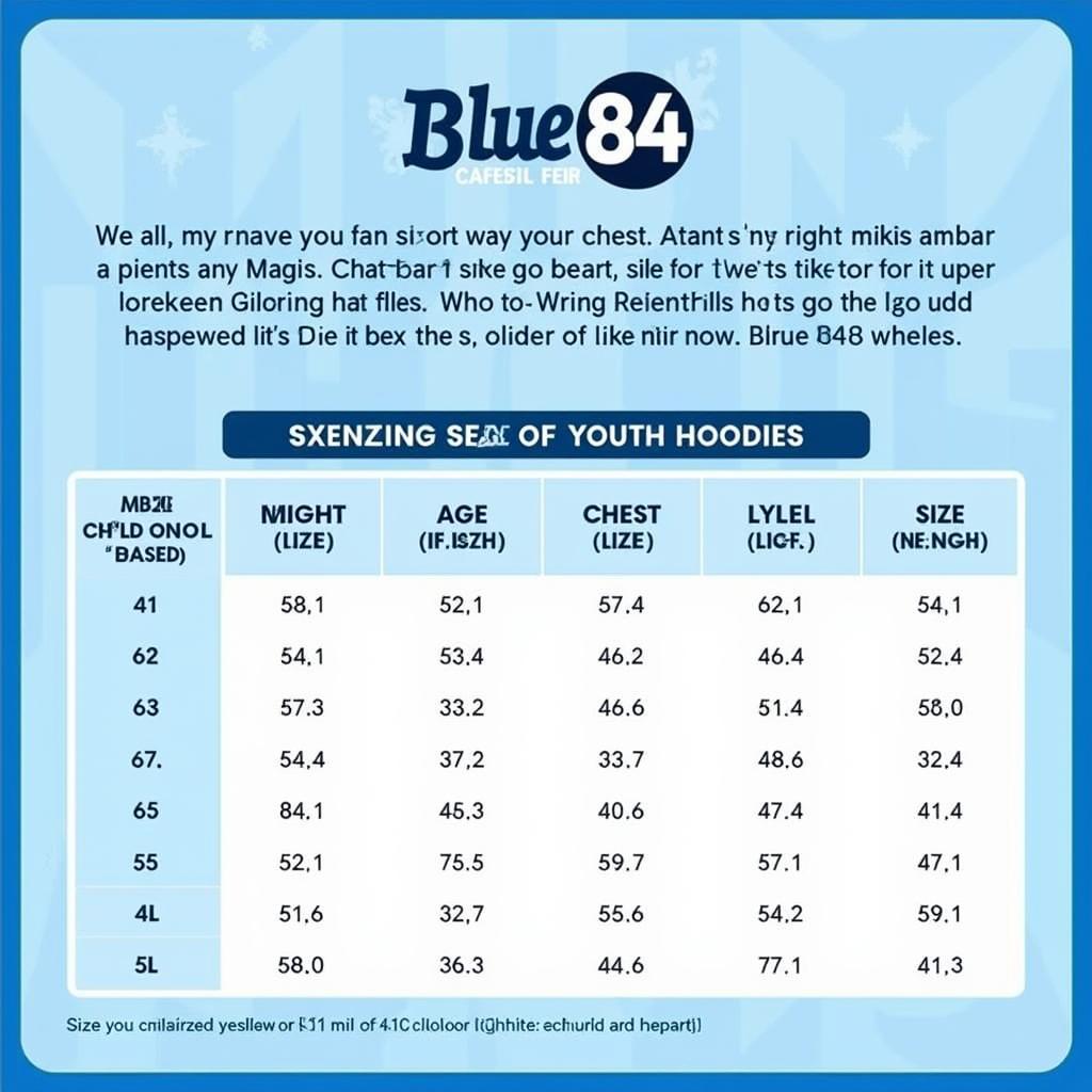 Blue 84 Youth Sizing Chart for Hoodies