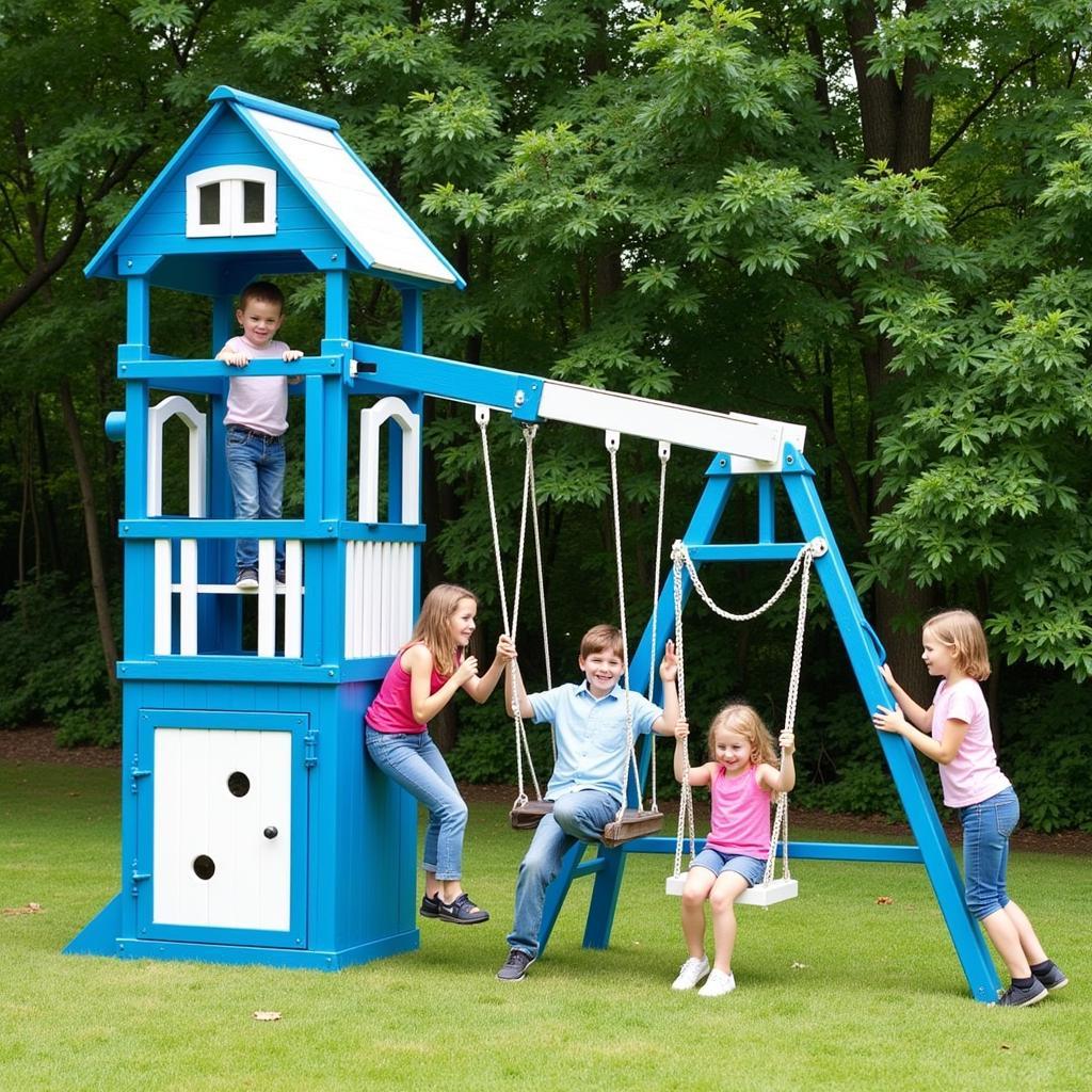 Blue and White Wooden Swing Set