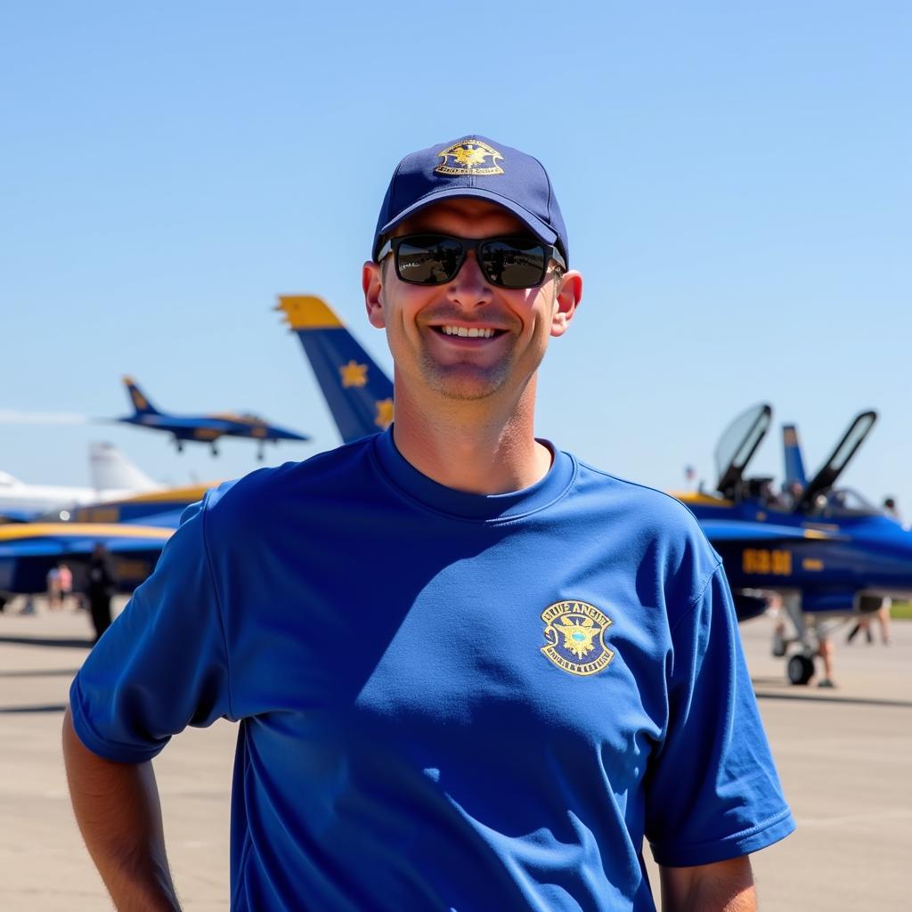 A Blue Angels Fan Proudly Wearing Official Merchandise