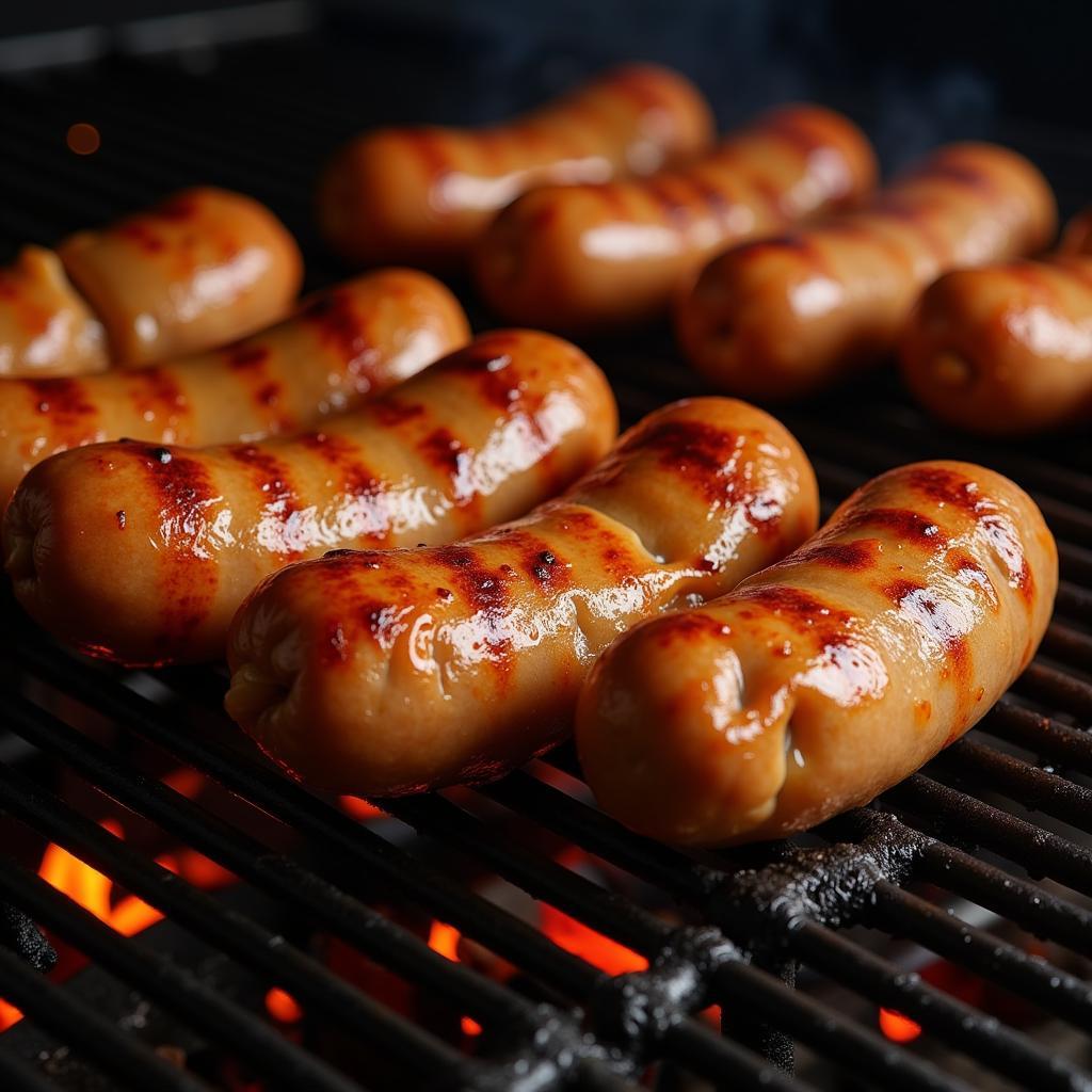 Blue Gold Sausages Being Grilled