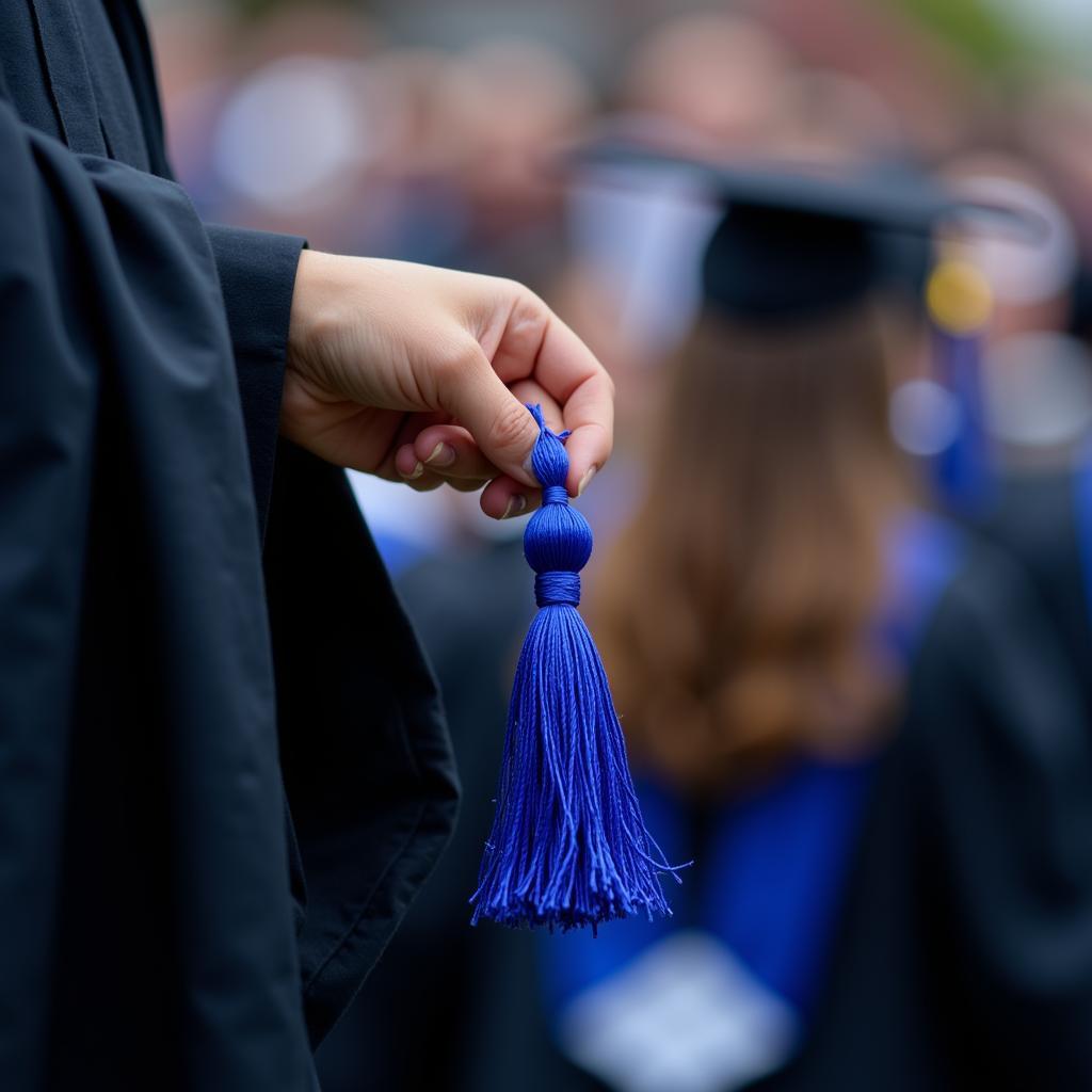 Close-up of a hand holding a blue graduation tassel