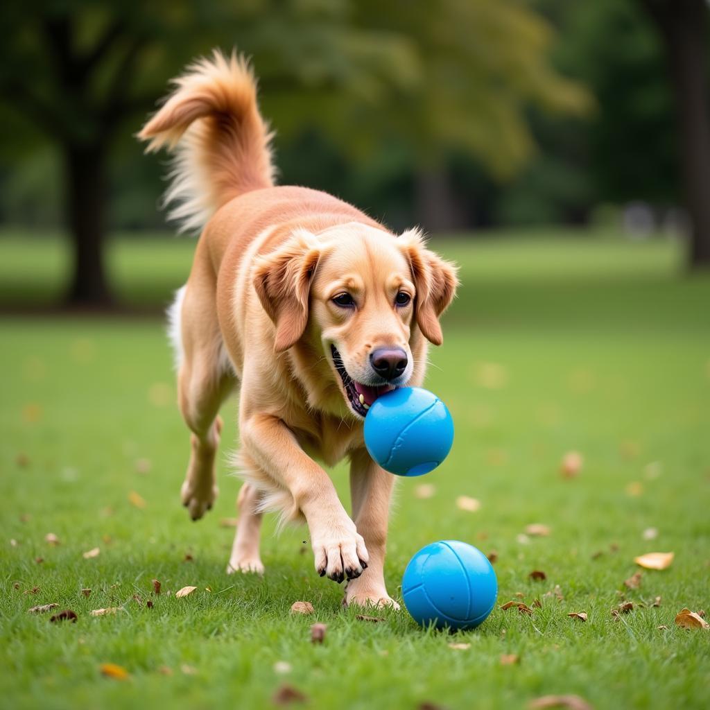 Dog playing with a blue squeaky ball on grass