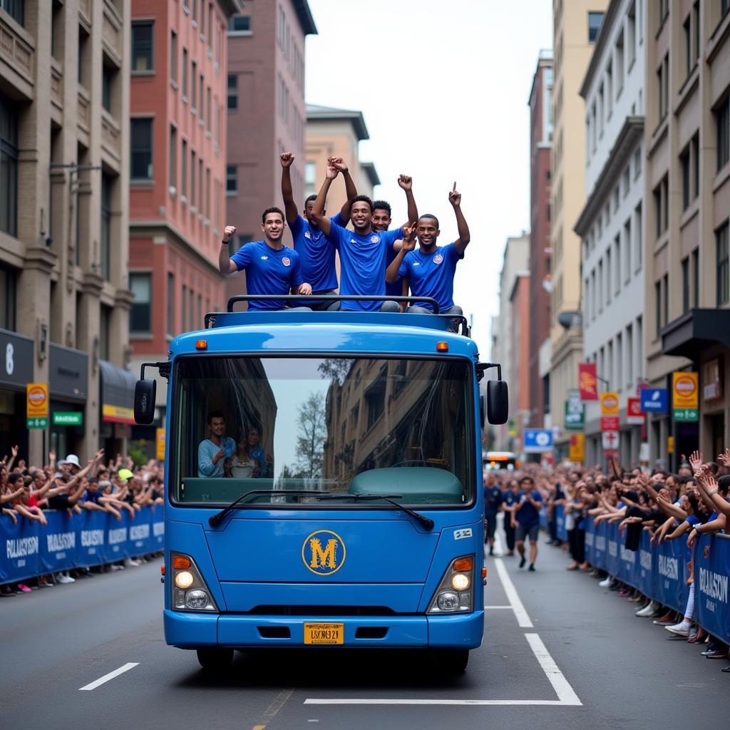 Open-Top Bus Parade Celebrating a Blue Triple