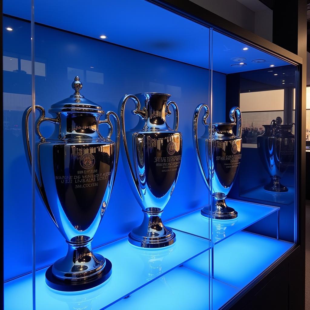 Trophies Displayed in a Cabinet: League, Cup, and European Championship